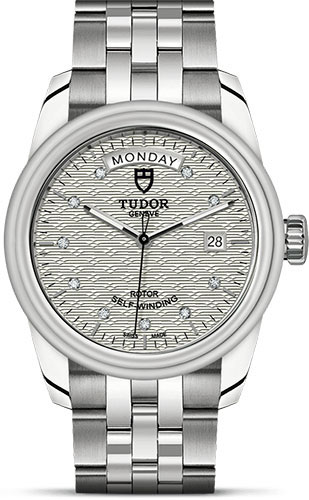 Tudor Glamour Date + Day Watch - 39 mm Steel Case - Silver Jacquard Diamond Dial