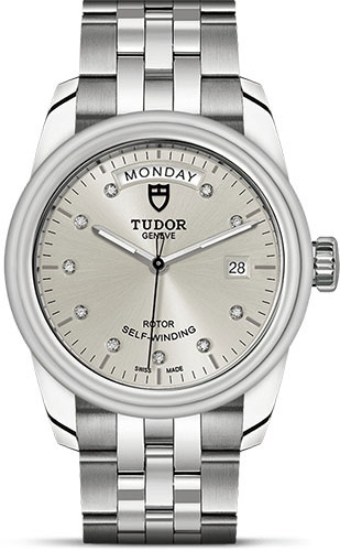 Tudor Glamour Date + Day Watch - 39 mm Steel Case - Silver Diamond Dial