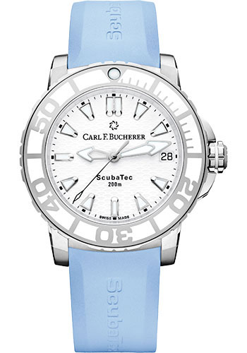 Carl F. Bucherer Patravi ScubaTec Watch - 36.5 mm Steel And Ceramic Case - White Dial - Blue Rubber Strap