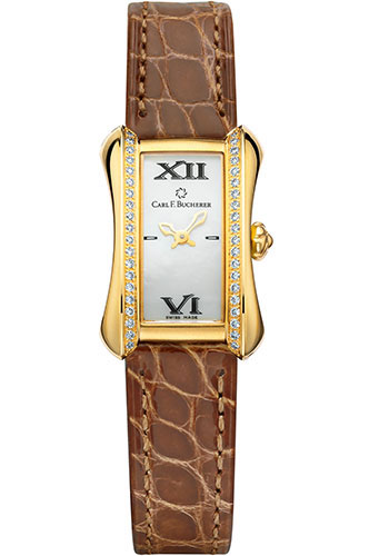 Carl F. Bucherer Alacria Mini Watch - Yellow Gold Diamond Case - Mother-of-Pearl Dial - Brown Alligator Strap