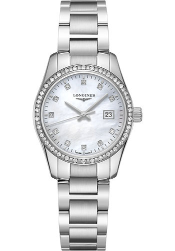 Longines Conquest Classic Quartz Watch - 29.5 mm Steel Diamond Case - White Mother-Of-Pearl Diamond Dial - Bracelet
