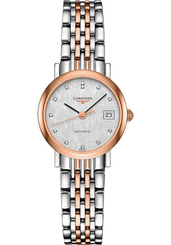 Longines Elegant Collection Watch - 25.5 mm Steel And 18K Pink Gold Cap 200 Case - Striped Silver Diamond Dial - Bracelet