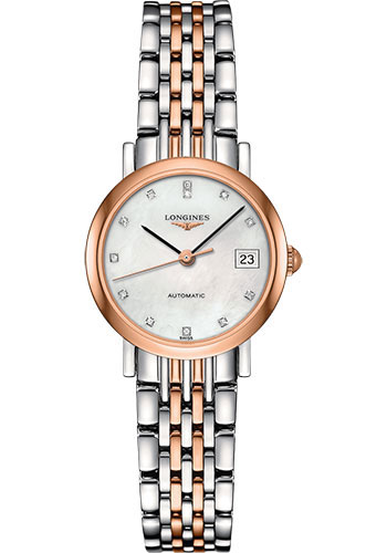 Longines Elegant Collection Watch - 25.5 mm Steel And 18K Pink Gold Cap 200 Case - White Mother-Of-Pearl Diamond Dial - Bracelet