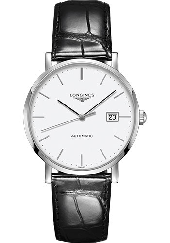 Longines Elegant Collection Watch - 39 mm Steel Case - White Dial - Black Alligator Strap