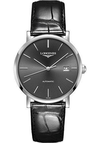 Longines Elegant Collection Watch - 39 mm Steel Case - Grey Dial - Black Alligator Strap